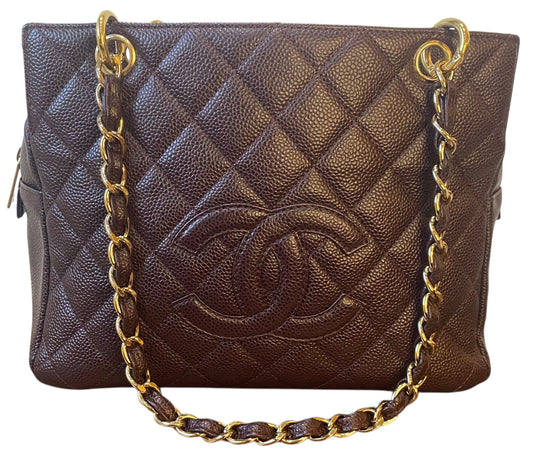 Chanel PTT Dark Chocolate Brown Quilted Caviar Leather Petite Timeless Shopping Tote Bag GHW