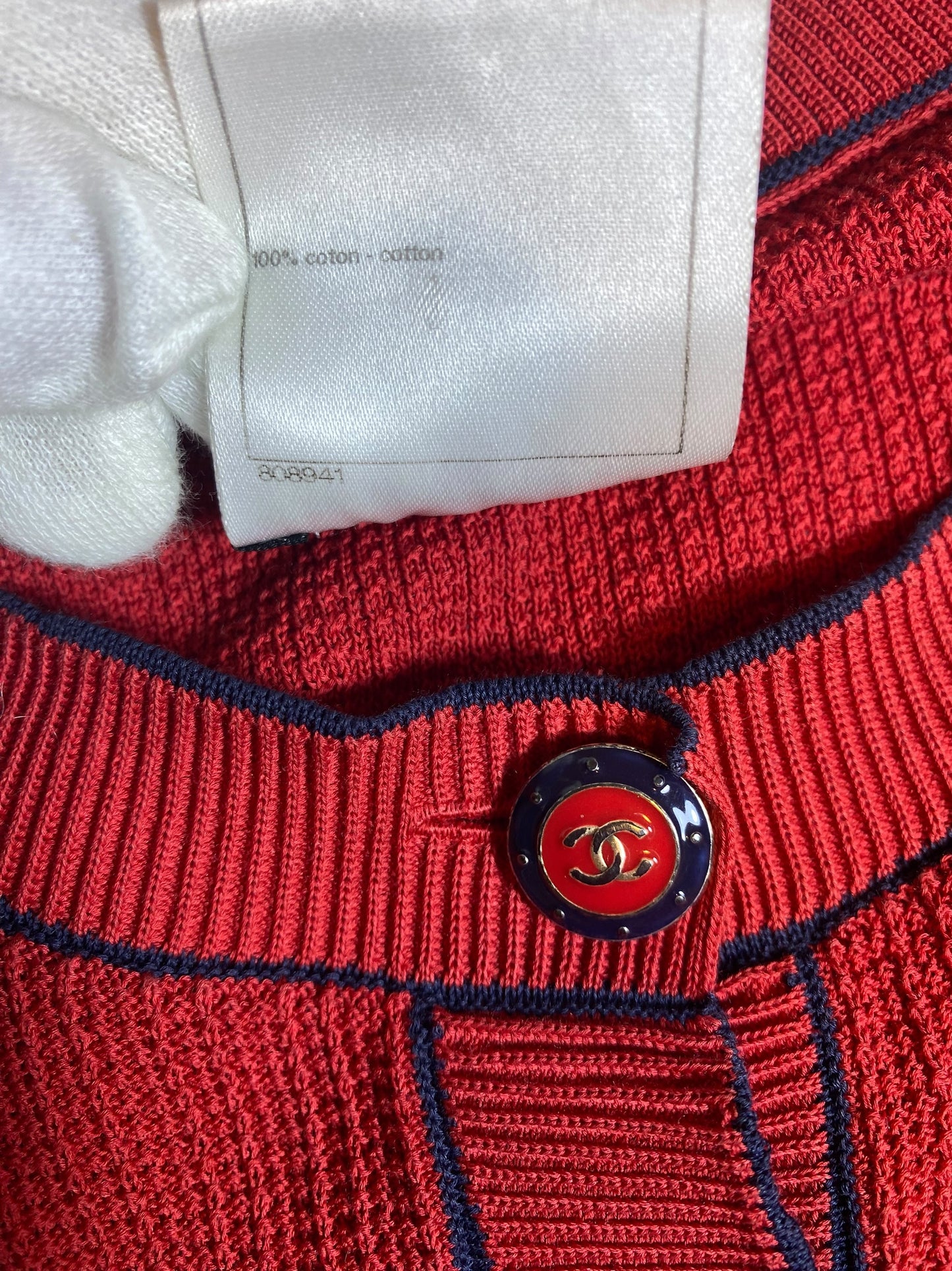Chanel Red Navy Blue Cotton Knit Sleeveless Blouse FR 42