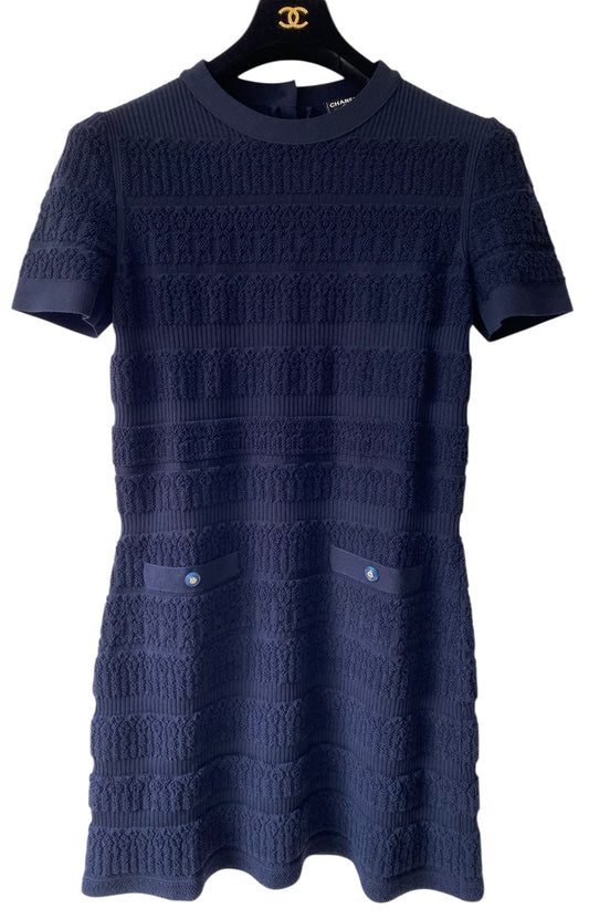 Chanel Navy Blue 2019 Wool Short Sleeve Textured Knit Dress FR 36