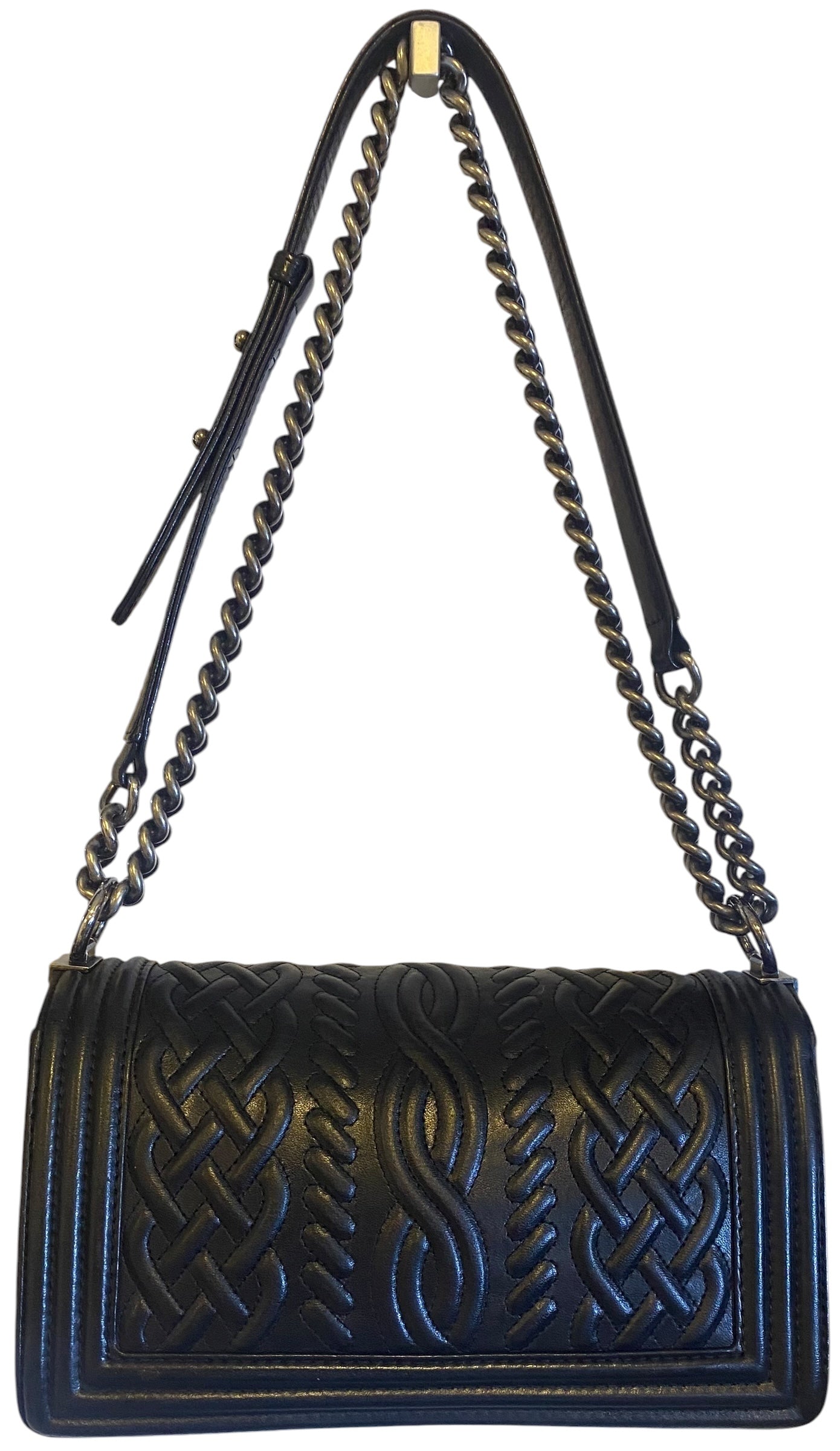 Chanel 13A Paris Edinburgh Black Lambskin Old Medium Embossed Celtic Knot Boy Flap Bag