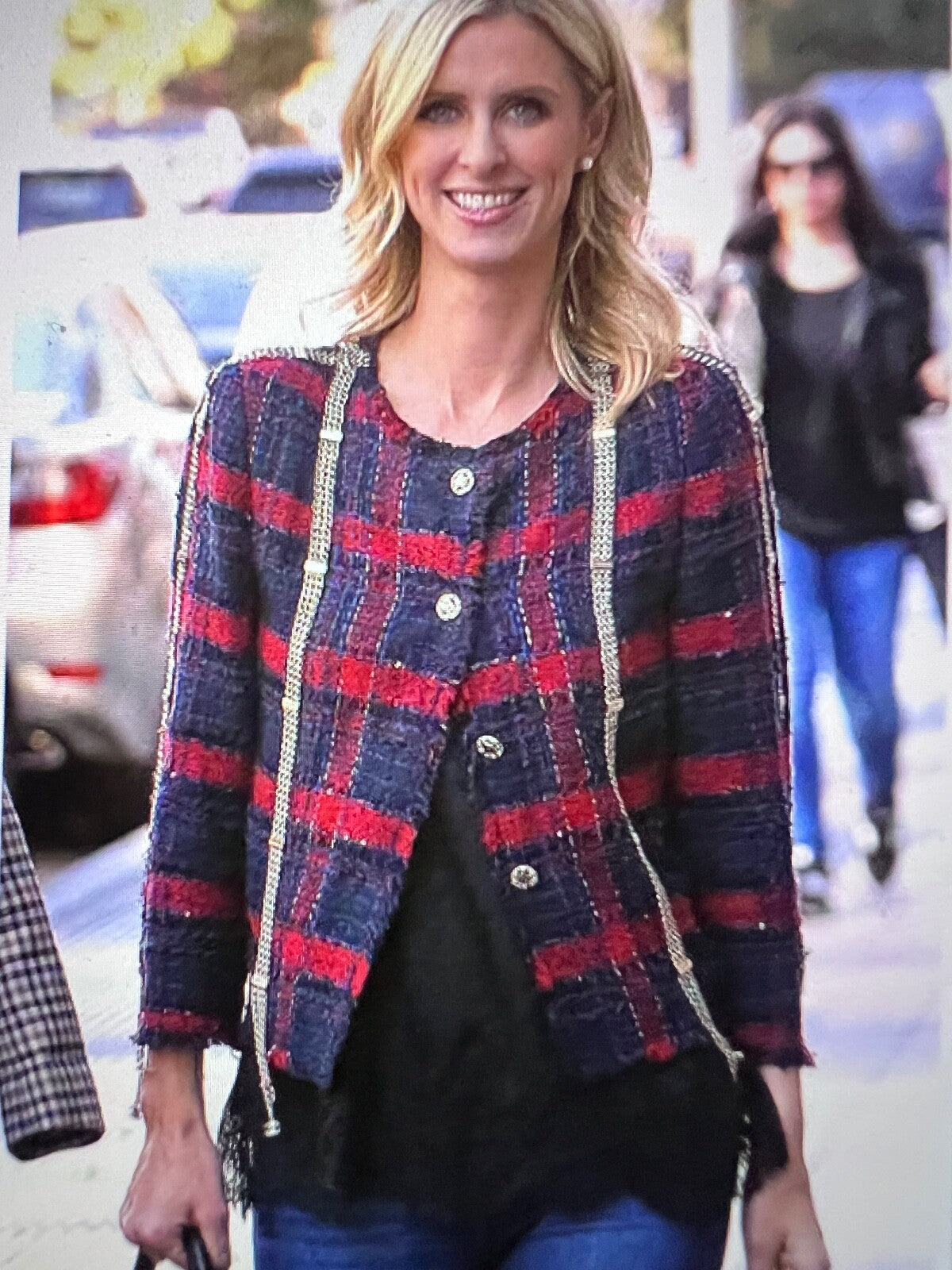 RARE CHANEL 08P RUNWAY BLUE RED GOLD CC CHAINS TWEED JACKET FR 44