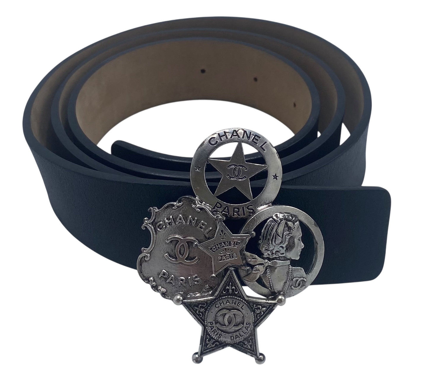 Chanel 14A Paris Dallas Black Leather Belt Size 95/38