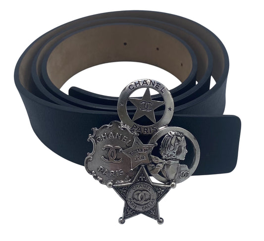 Chanel 14A Paris Dallas Black Leather Belt Size 95/38
