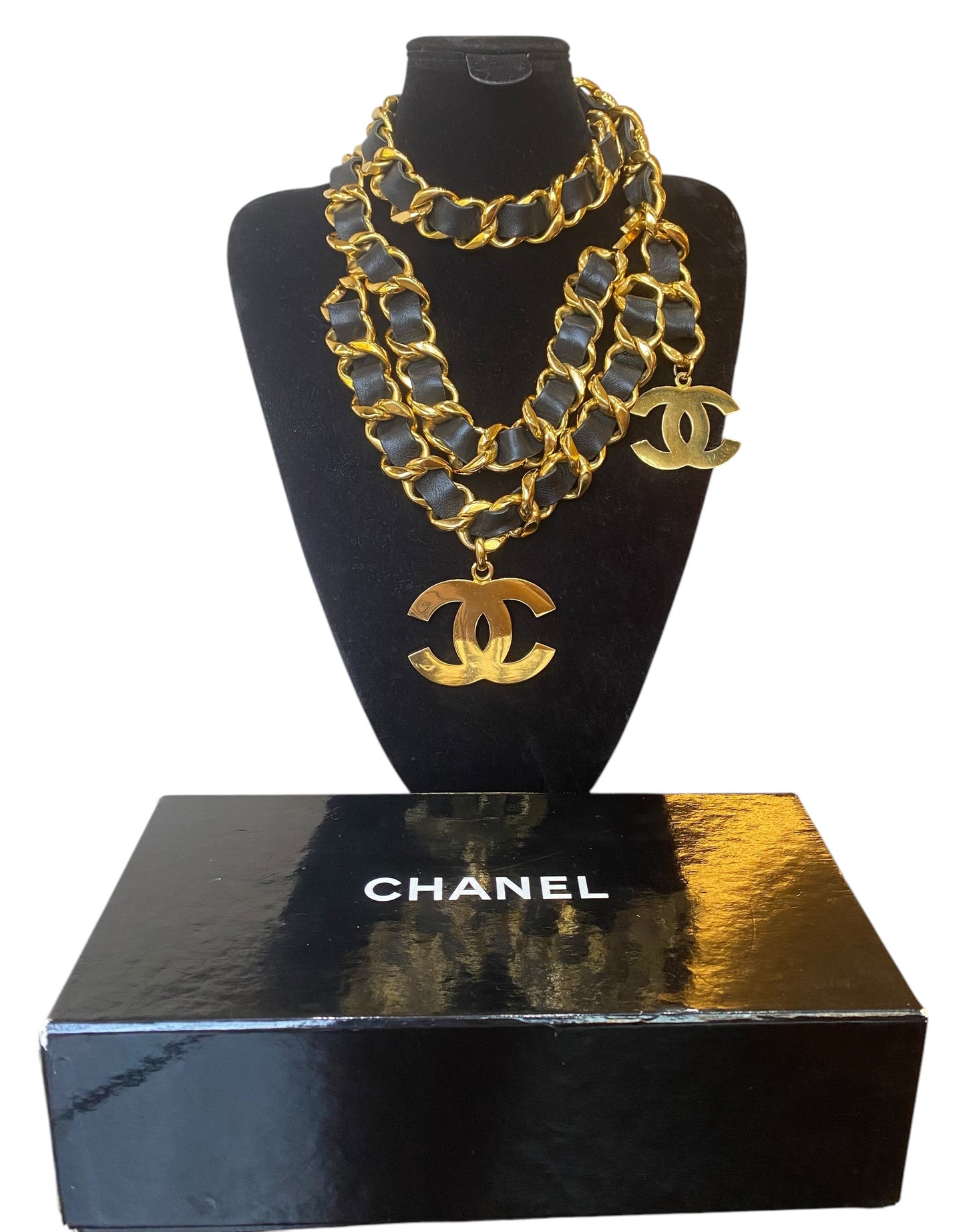 Iconic Vintage Chanel 93P Jumbo Gold Chain CC Logo Black Leather Belt Necklace