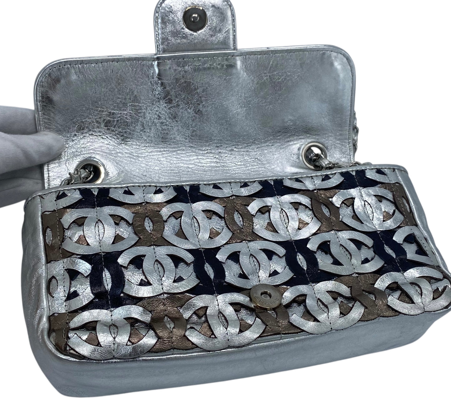 Chanel 08P CC Cutout Silver Metallic Limited Edition Medium Flap Bag