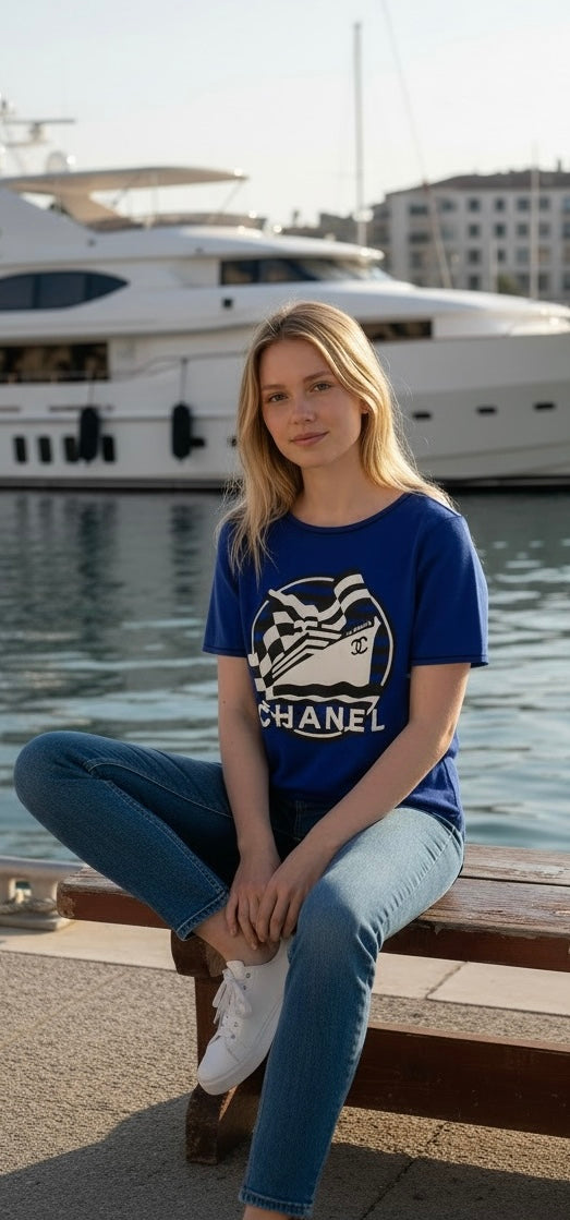 Chanel 19C La Pausa Runway Blue Blouse Top Shirt FR 34