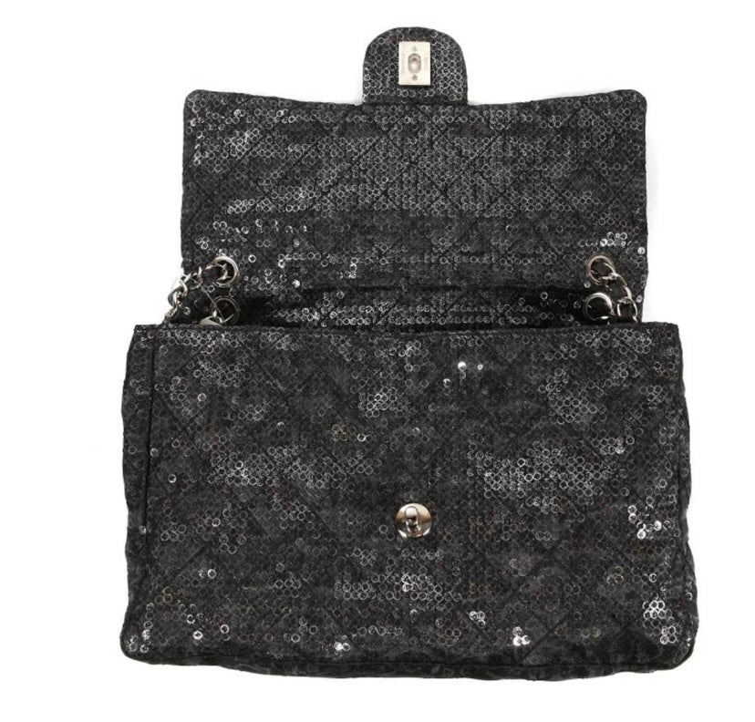 Chanel Black Hidden Sequins Mesh Jumbo Classic Flap Bag Silver Hardware