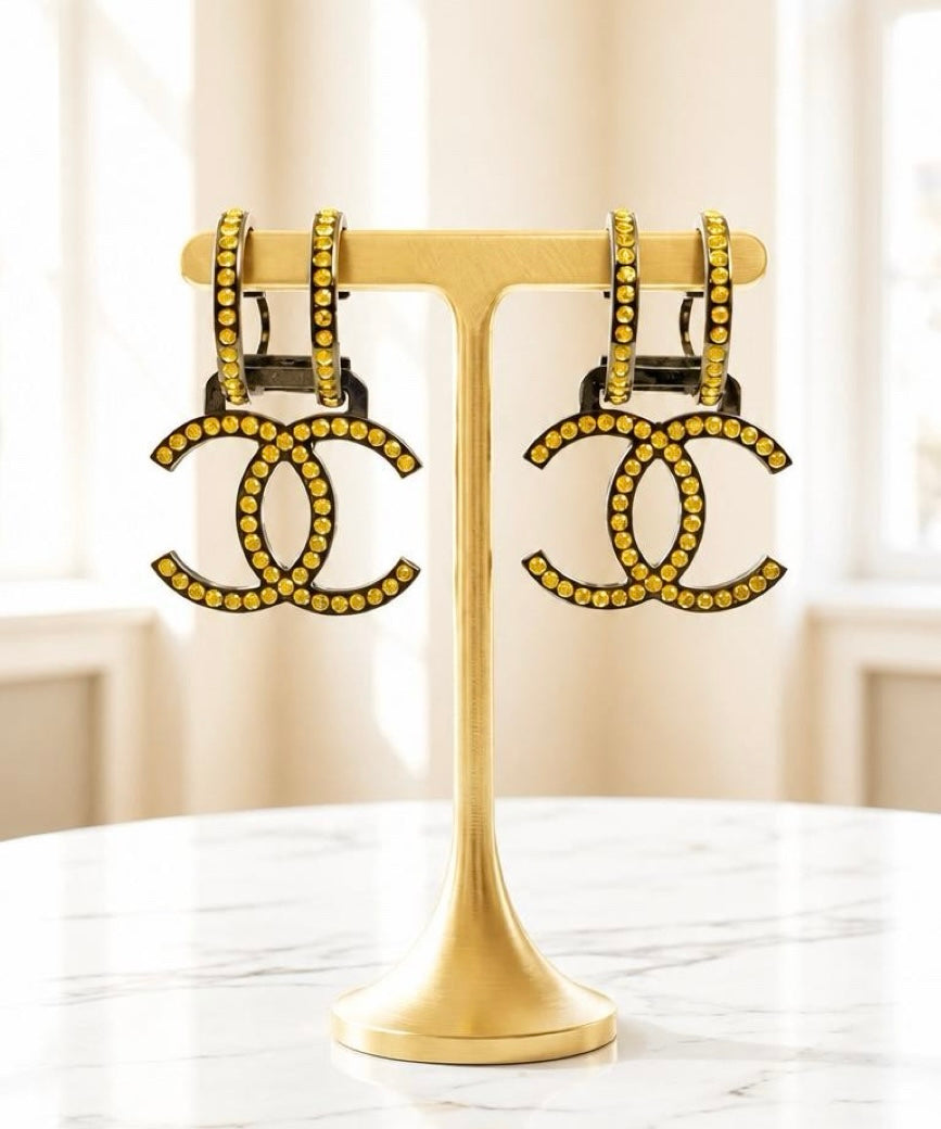 Chanel 17S Runway Yellow Crystal Oversized CC Clip On Statement Earrings