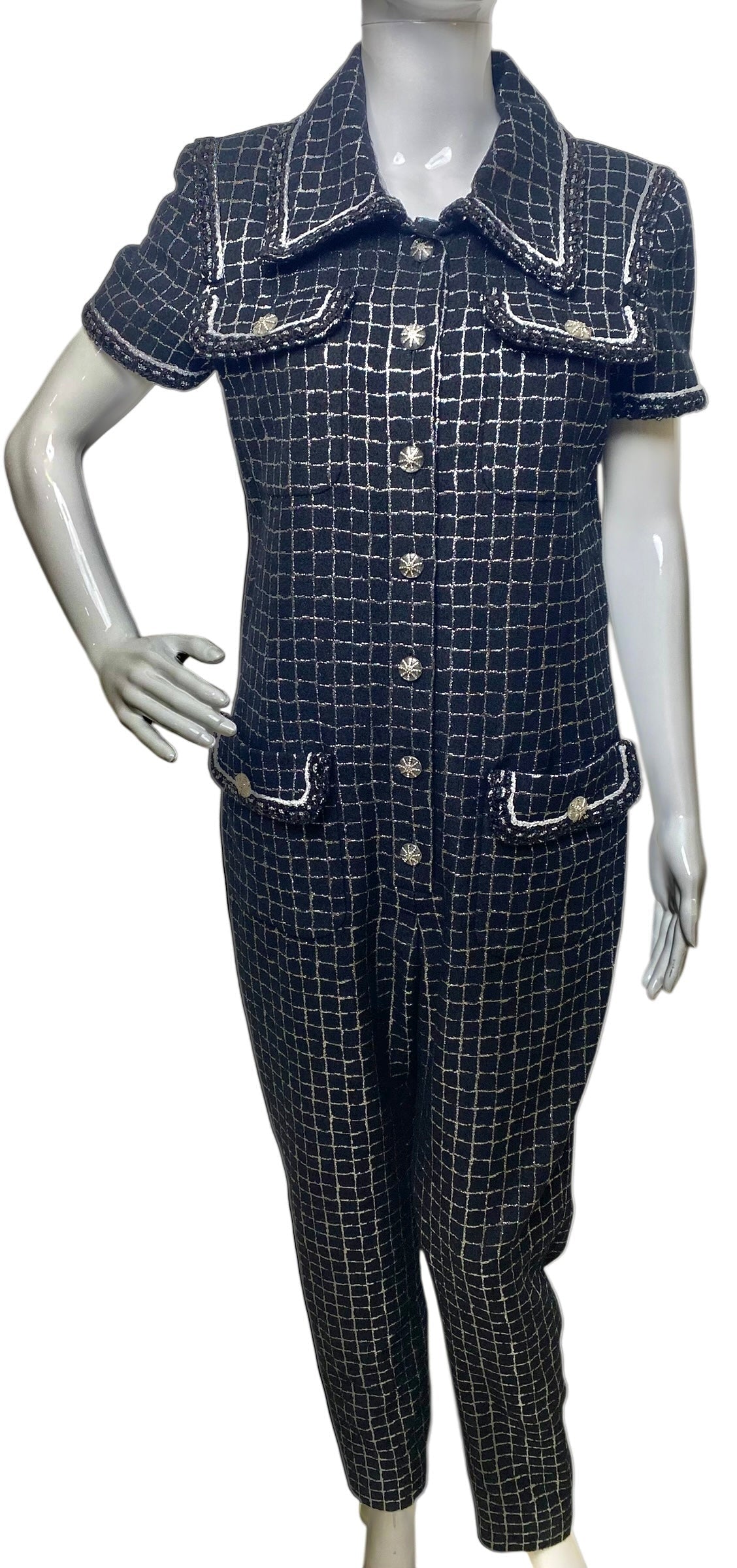 Chanel 20S Black Metallic Silver Iridescent One Piece Jumpsuit FR 38