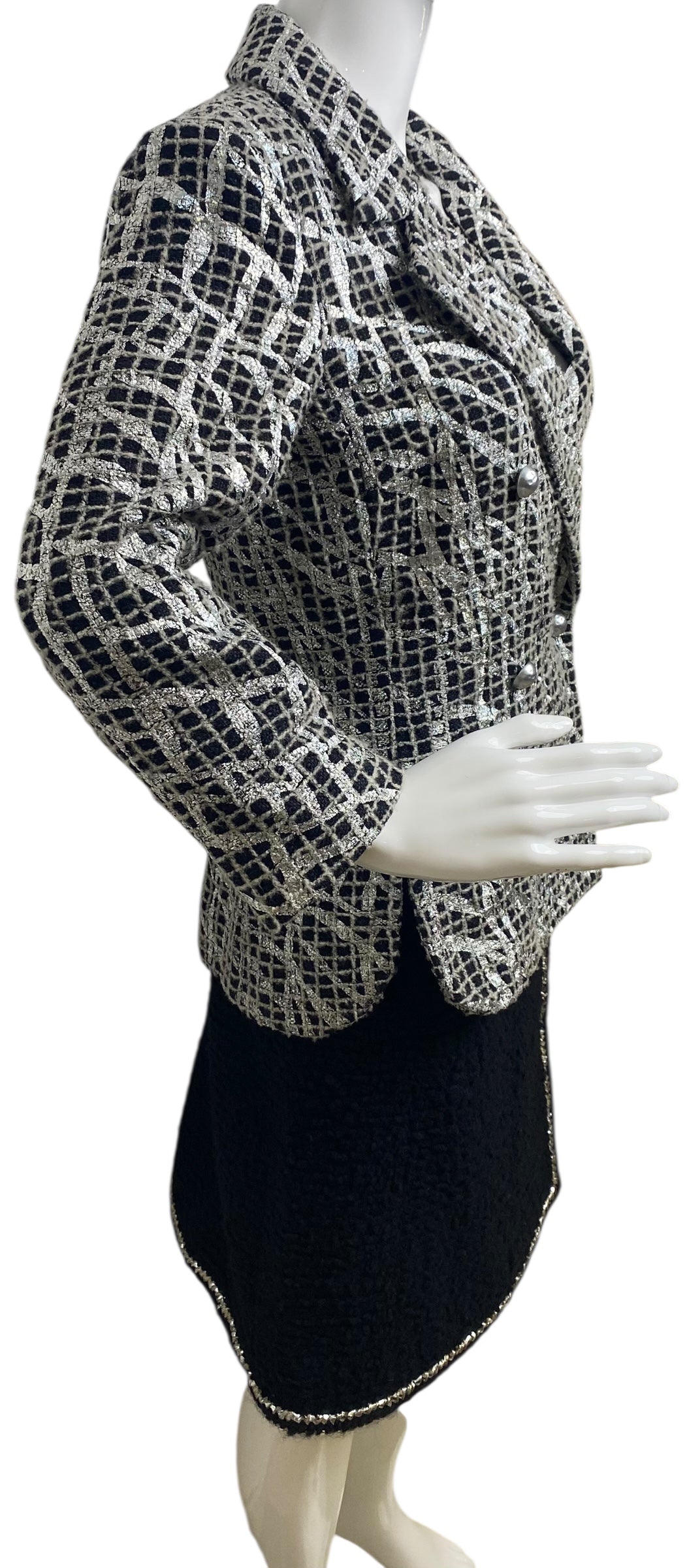 Chanel 12P Double Breasted Silver Metallic Graffiti Black Removable Pearls Jacket FR 36