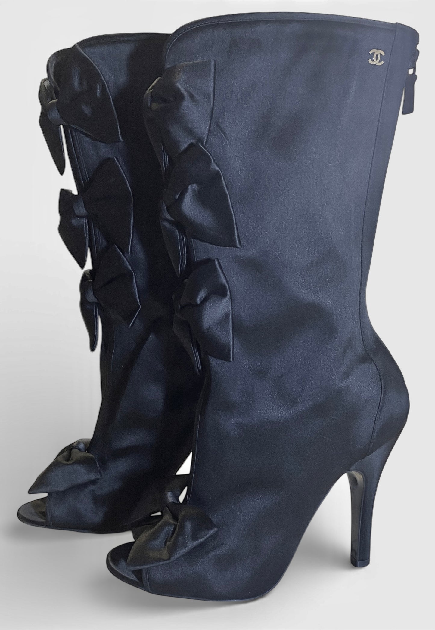 Rare Chanel 09P Black Satin CC Bow Mid Calf Peep Toe Booties Ankle Boot Heels FR 38