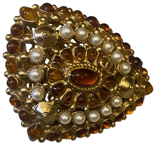 Rare XL 11C Saint Tropez Runway Statement Gold Gripoix Pearl Ring Size US 6 EU 52