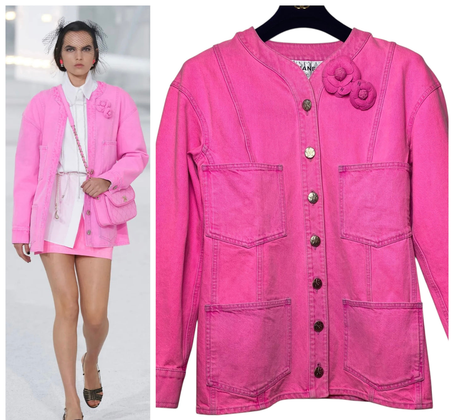 Chanel 21S Two Camellia Bright Neon Pink Denim Jacket FR 36