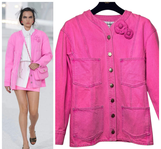 Chanel 21S Two Camellia Bright Neon Pink Denim Jacket FR 36