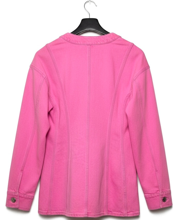 Iconic Chanel 21S Neon Pink Denim Camellia Jacket FR 36
