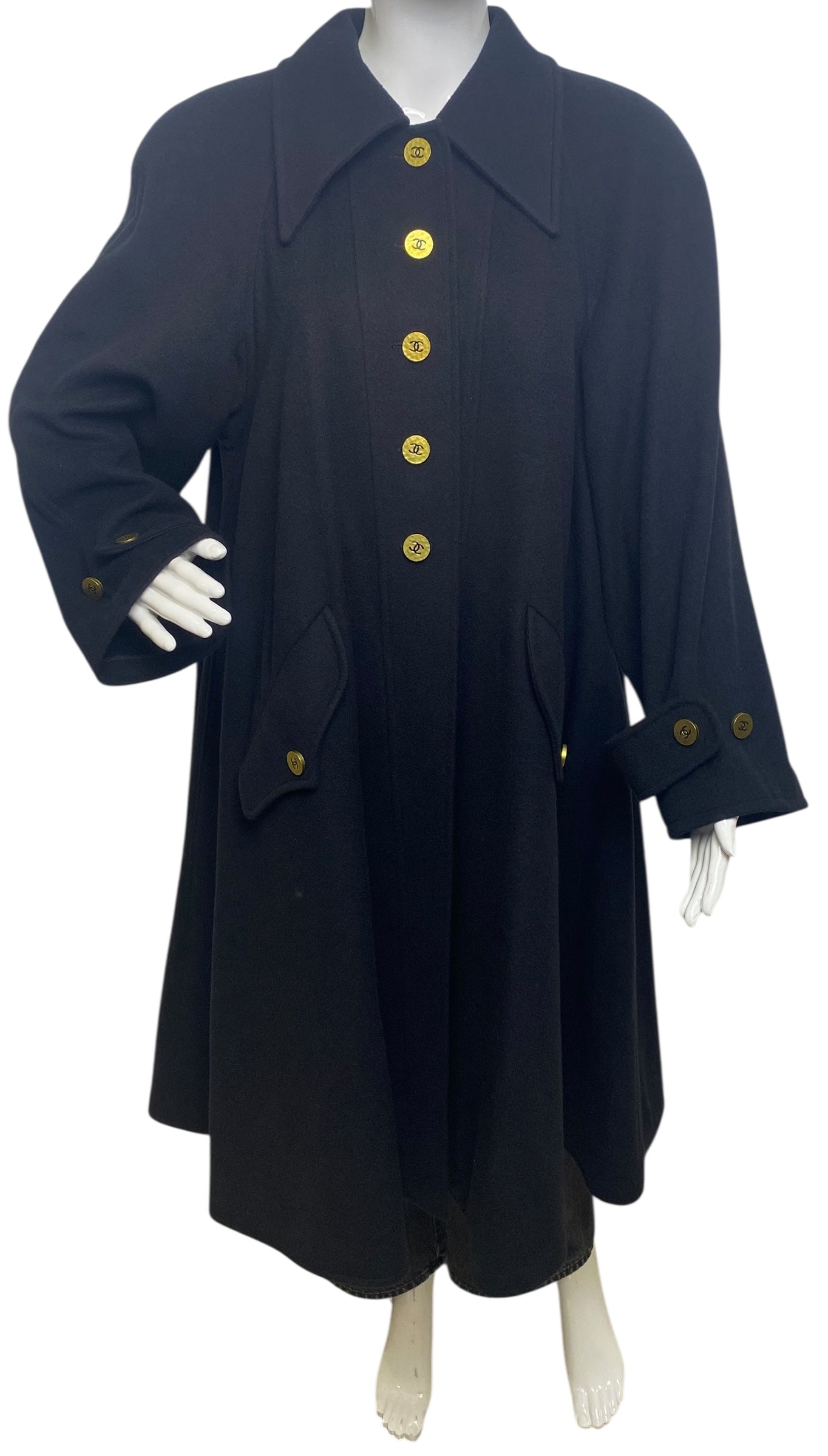 Chanel Vintage 94A Black Oversized Cashmere Long Jacket Coat FR 36