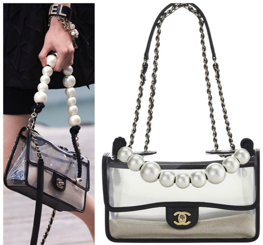 Chanel 19S Runway Medium Black Lambskin PVC Sand By The Sea Pearl Strap Flap Bag