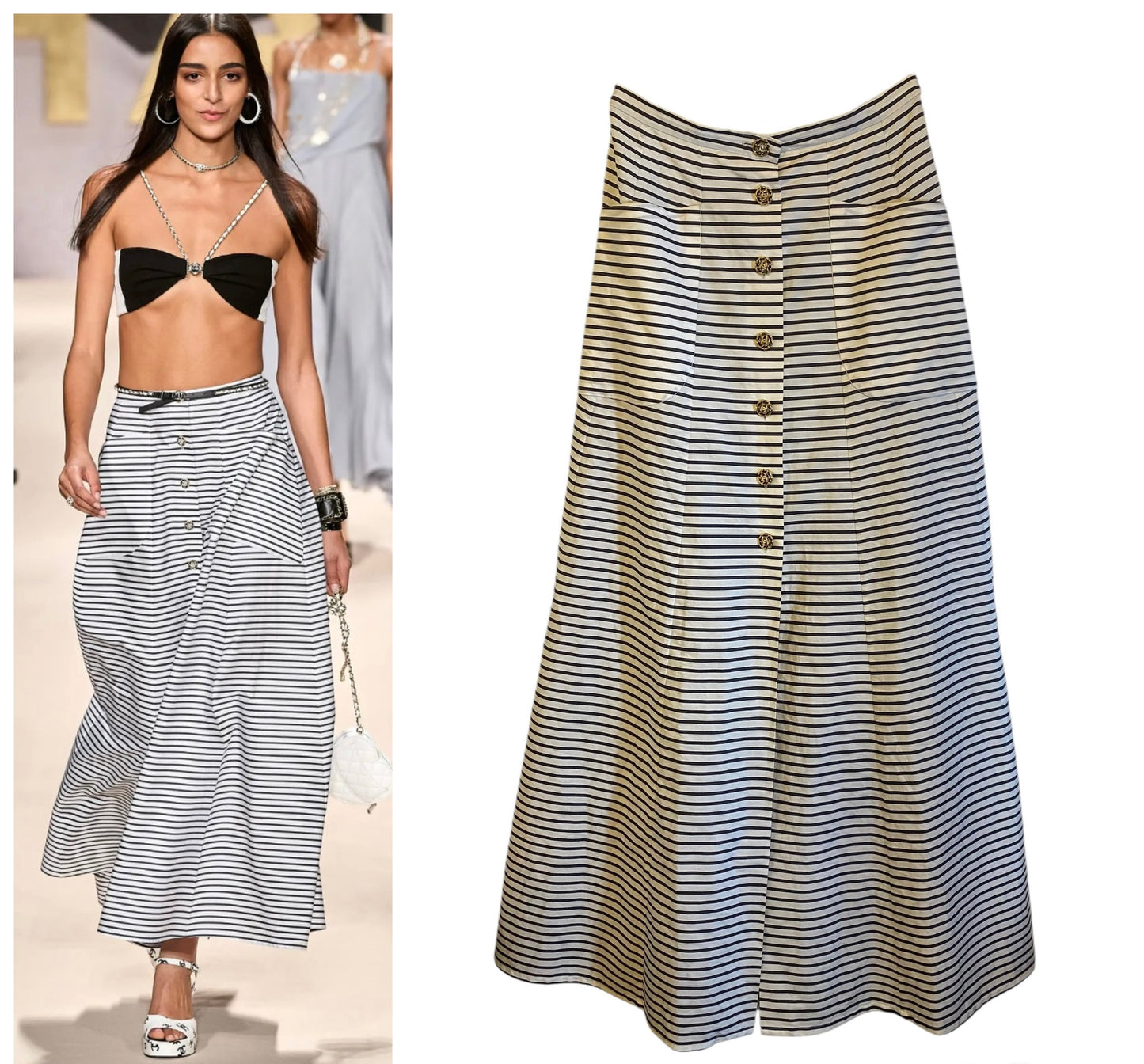 CHANEL 22S RUNWAY STRIPE MAXI SKIRT CC BUTTONS FR 36