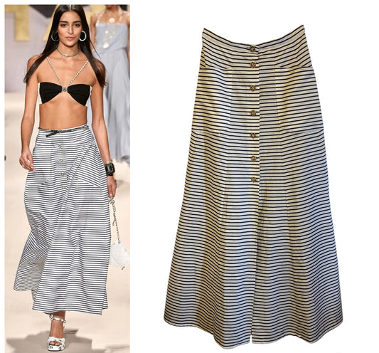 CHANEL 22S RUNWAY STRIPE MAXI SKIRT CC BUTTONS FR 36