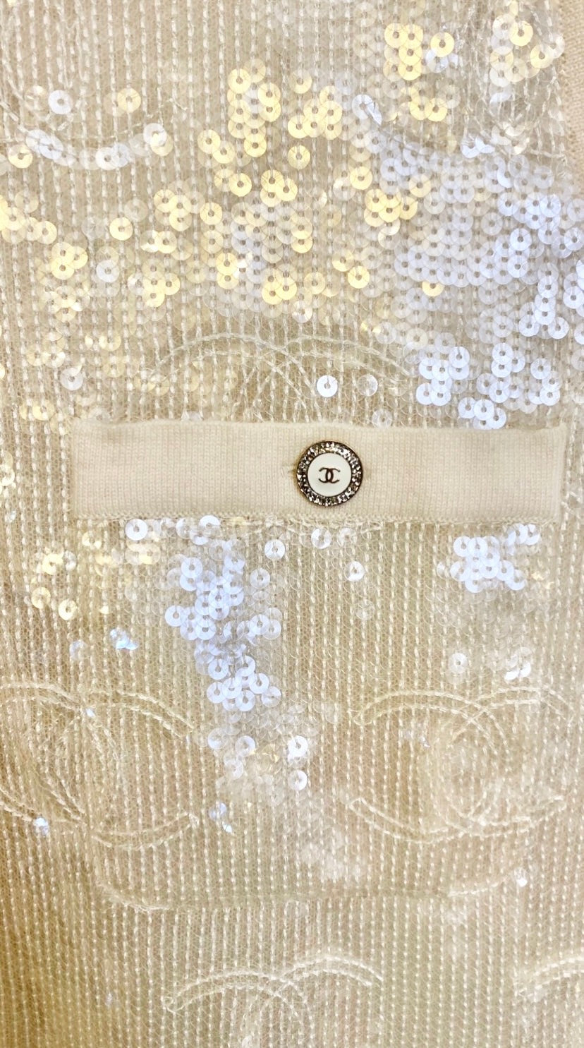 Rare Chanel 22S CC Iridescent Sequin Cream Mini Dress Cardigan Vest FR 40
