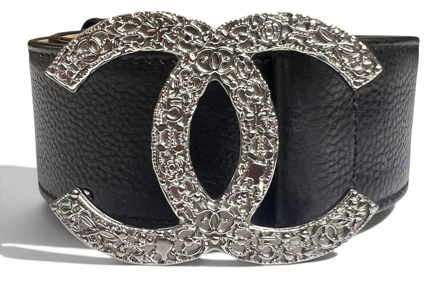 Chanel 08A London Black Caviar Leather Silver CC Charm Emblems Belt Size 95/38