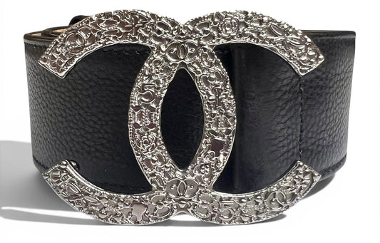 Chanel 08A London Black Caviar Leather Silver CC Charm Emblems Belt Size 95/38