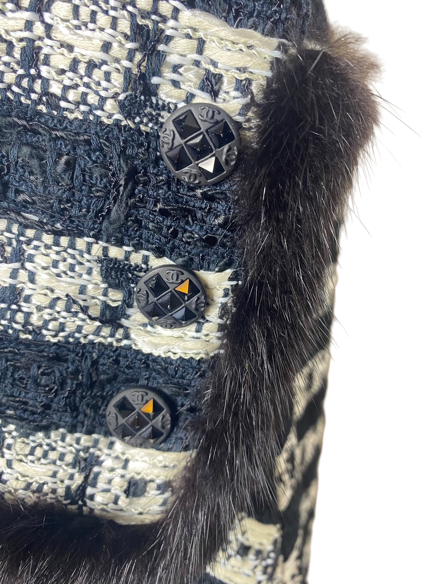 Chanel 04A Black White Tweed Midi Coat Mink Fur Trim FR 40