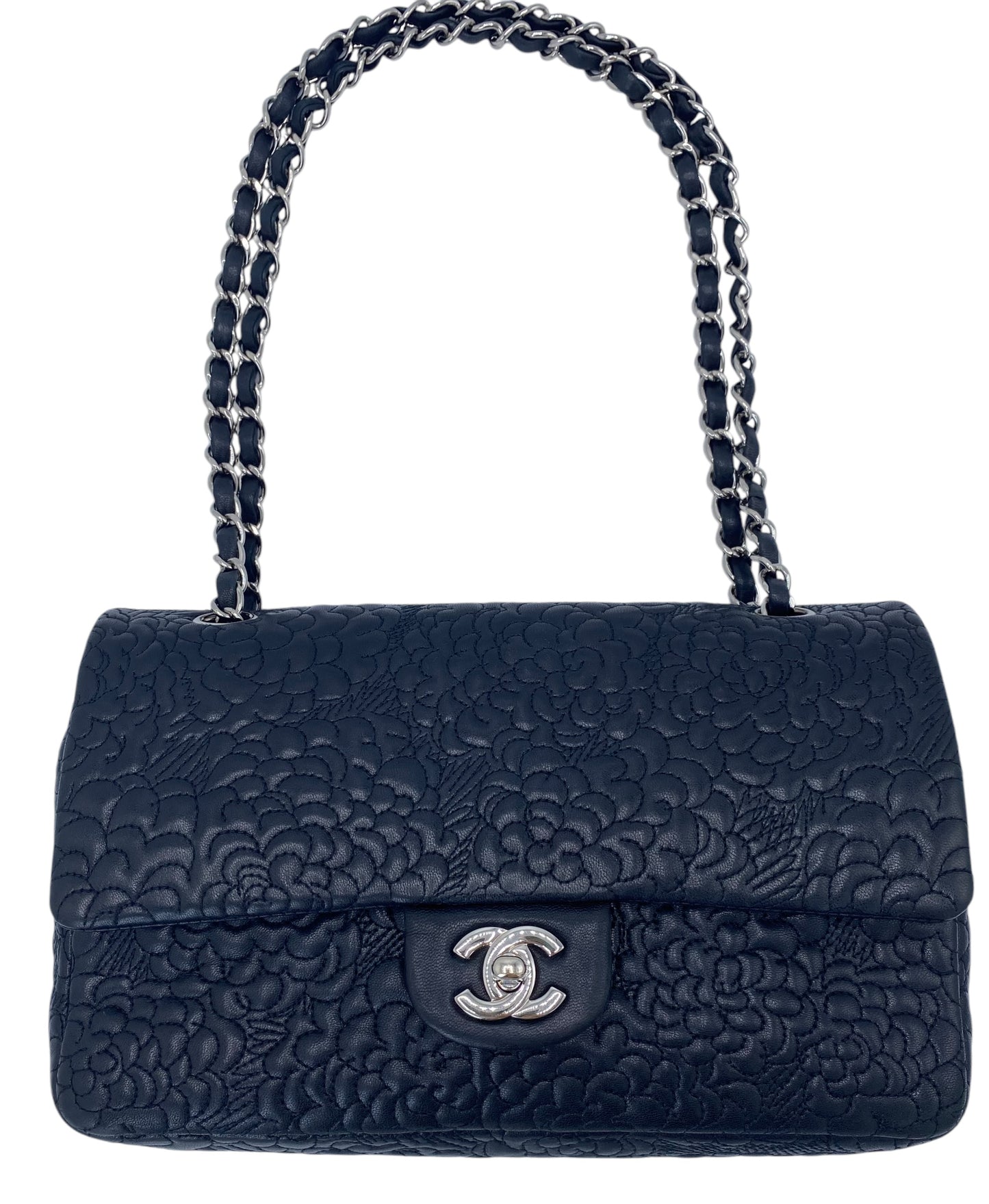 Chanel Black Camellia Embossed Lambskin Classic Timeless Medium Double Flap Bag SHW