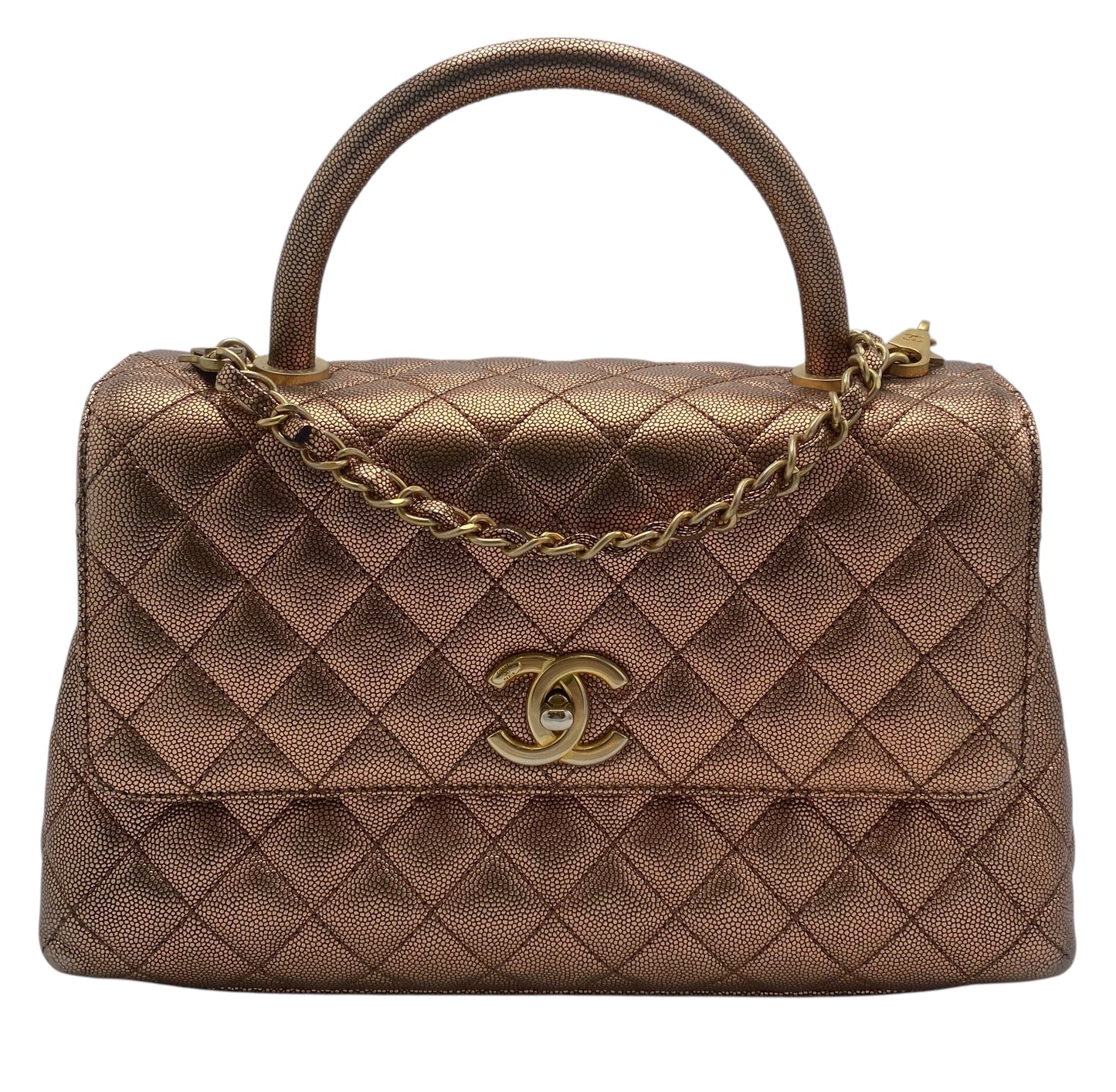 Chanel 19A Medium Metallic Rose Gold Copper Caviar Quilted Timeless Coco Handle Flap Bag