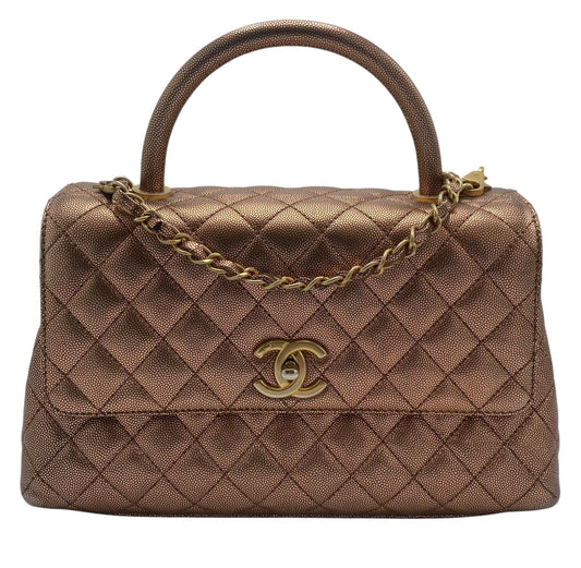 Chanel 19A Medium Metallic Rose Gold Copper Caviar Quilted Timeless Coco Handle Flap Bag