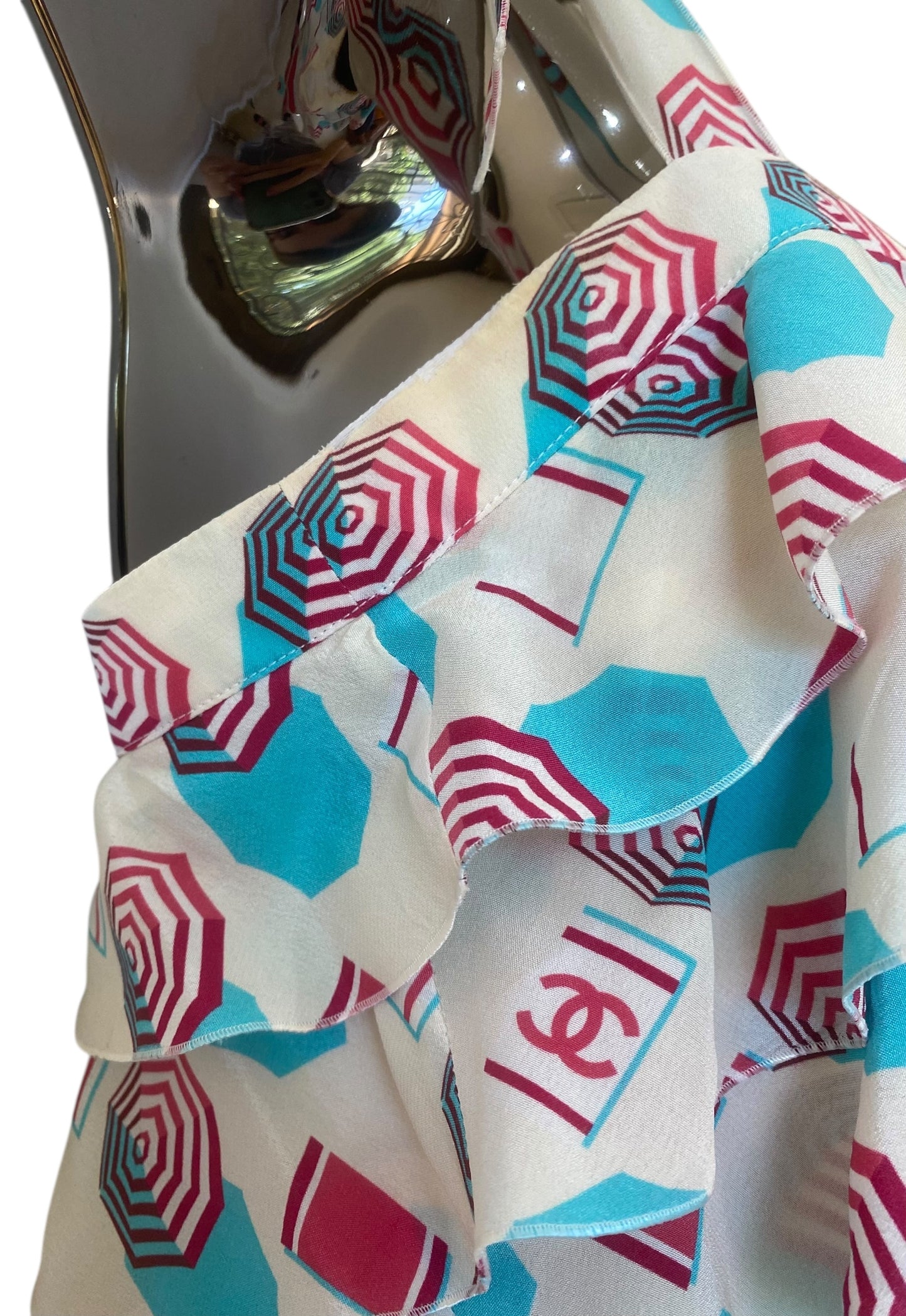 Chanel 19S Runway Umbrella Shells Motif Silk Multicolor Blouse FR 36