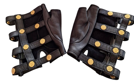 Rare Chanel 18C Paris-Greece Runway Black Leather Fingerless Gloves Size 7