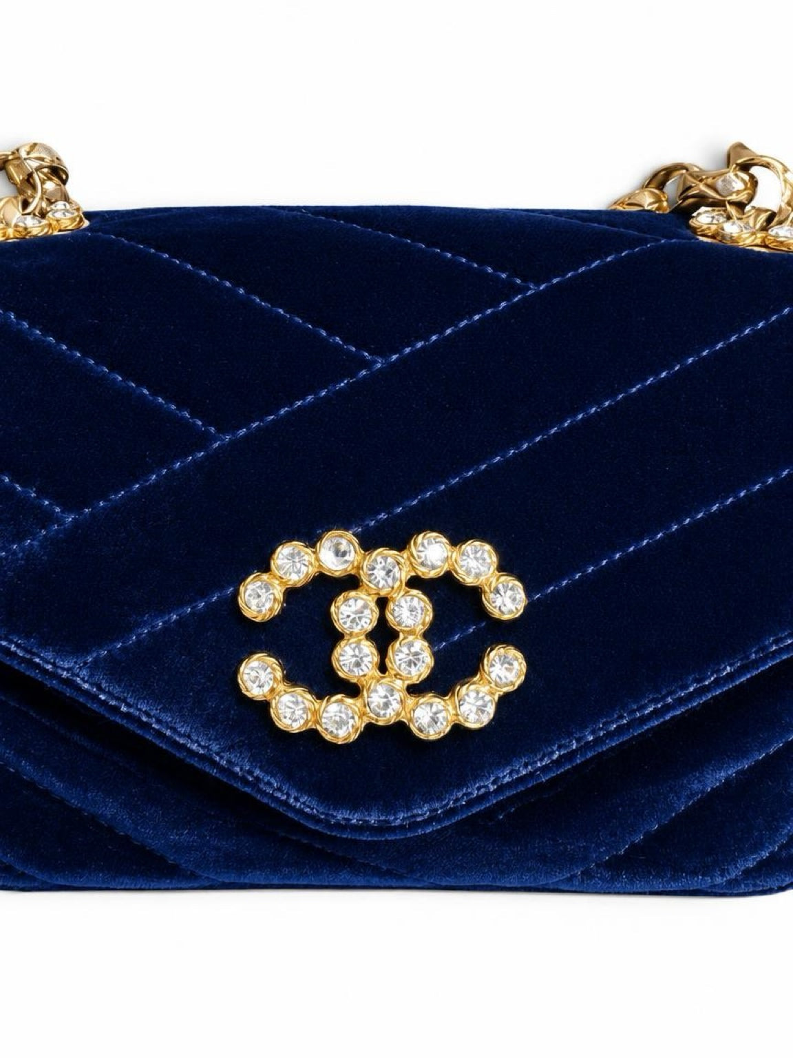 Vintage Chanel 1991-1994 Navy Blue Velvet Crystal 24K Bijoux Mini Square Chevron Classic Flap Bag