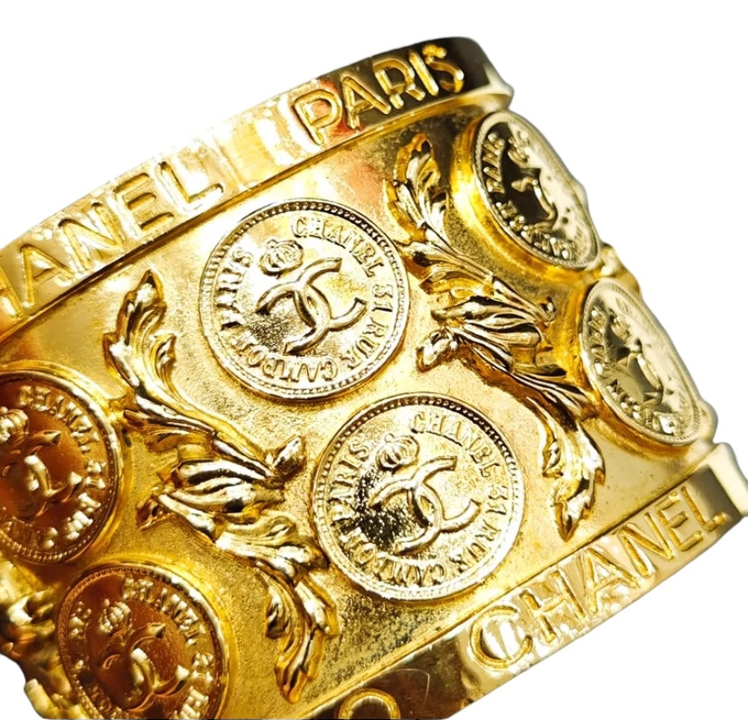 Vintage 1970’s Chanel 24K Gold Plated Metal Coin CC Logos Cuff Bangle Bracelet