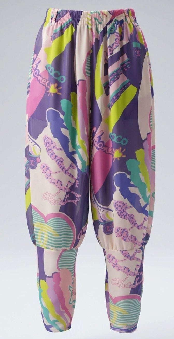 Chanel 24C Runway MultiColor Graffiti Silk Harem Pants FR 34