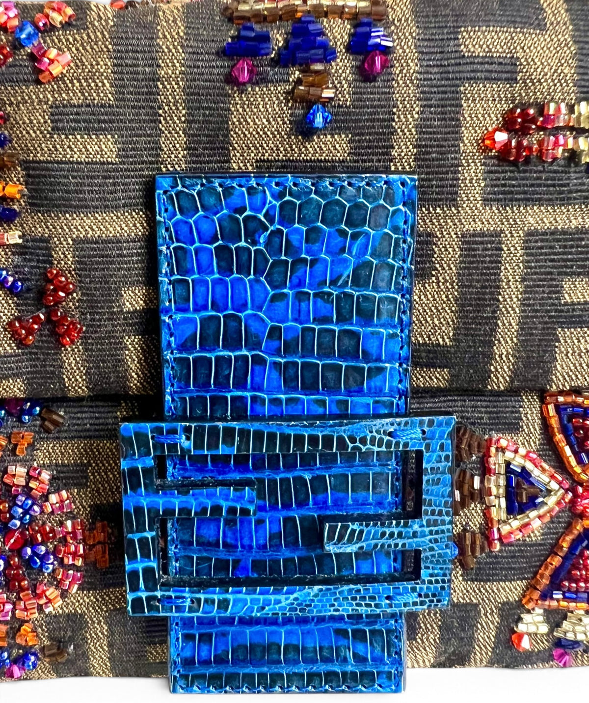 Fendi Vintage Blue Lizard Trimmed Embroidered Beaded Classic Zucca Baguette Bag