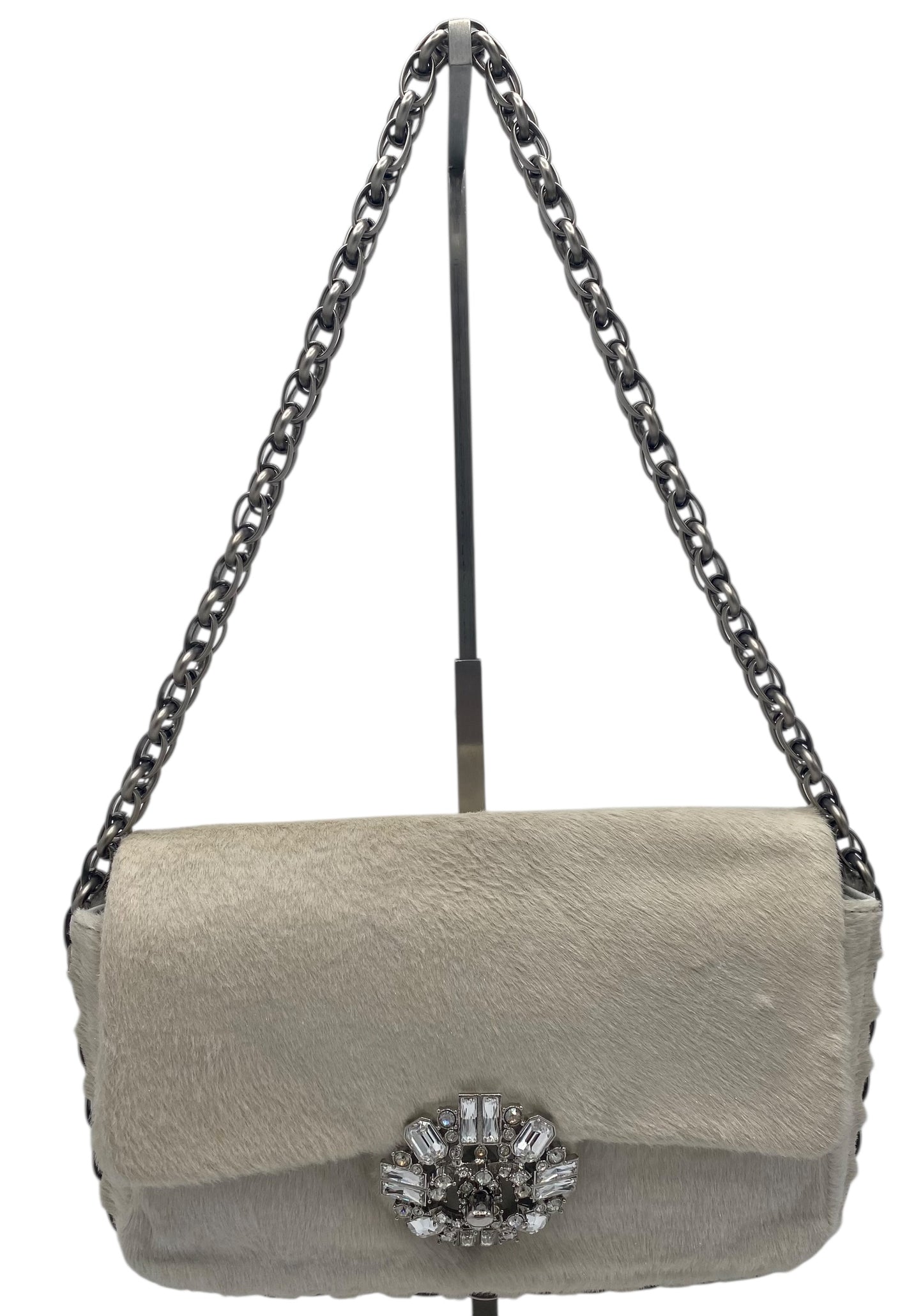 Rare Chanel White Shimmer Pony Hair Swarovski Crystal Chain Around Classic Medium Flap Bag