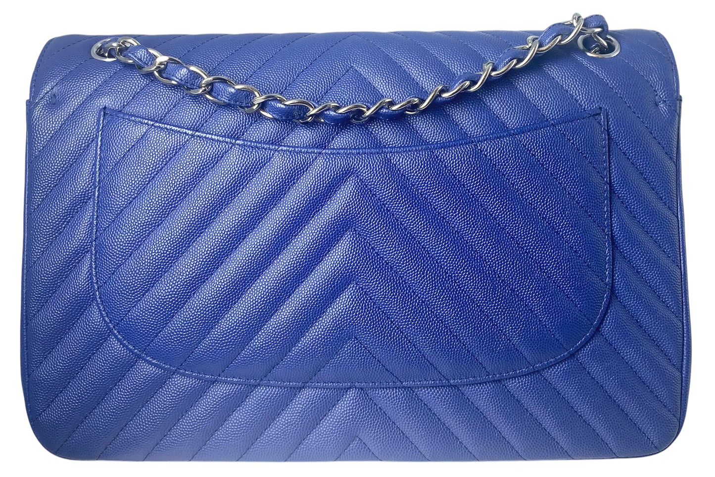 Chanel 2019 Bright Blue Caviar Chevron Quilted Jumbo Double Flap Timeless Classic Bag SHW
