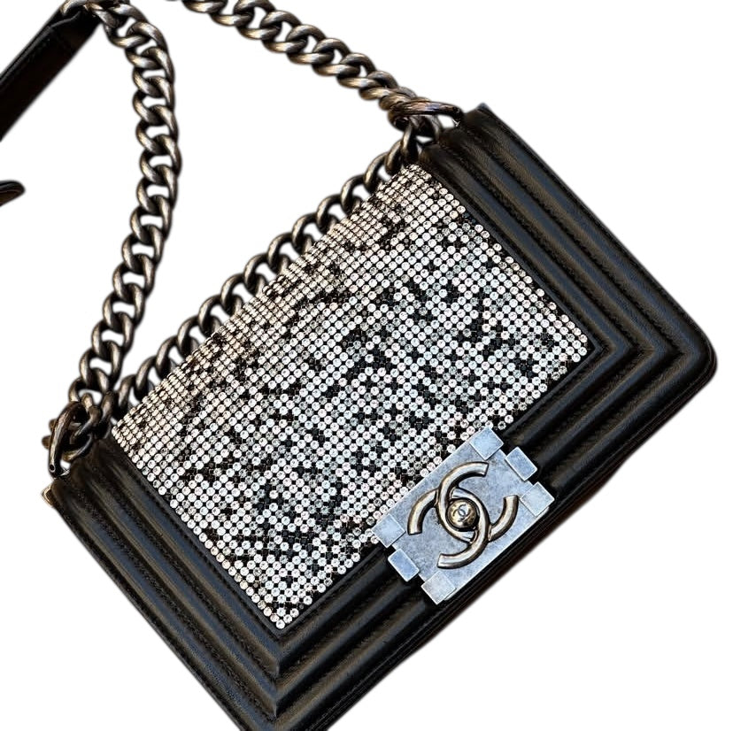 Chanel 14P Limited Edition Swarovski Crystals Strass Small Black Leather Boy Handbag