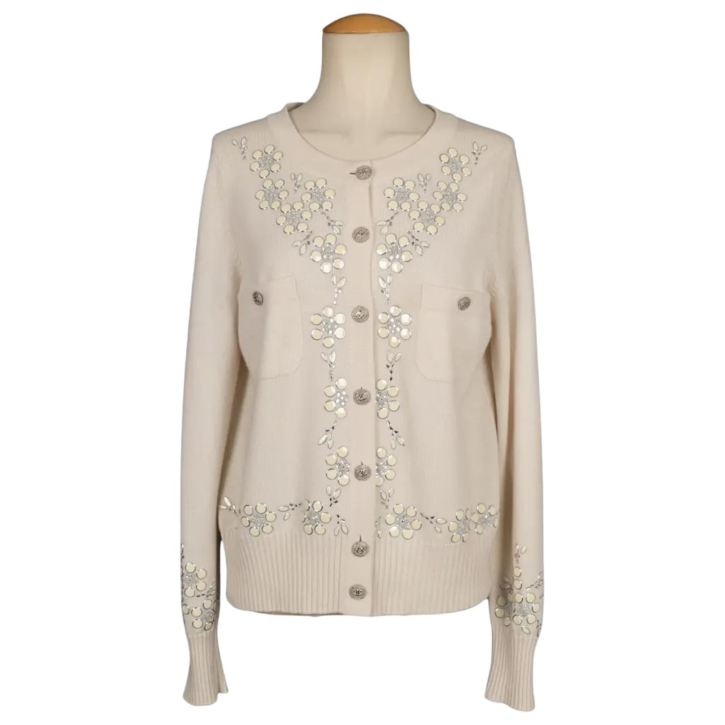 CHANEL 12C IVORY CASHMERE JEWELED JACKET CARDIGAN CC FR 42