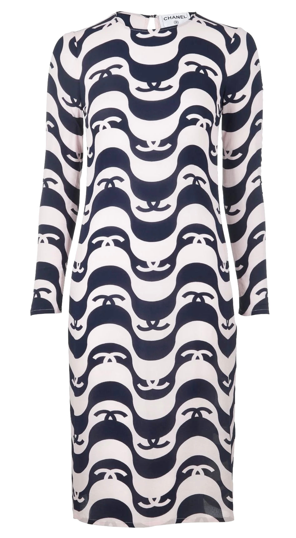 Iconic Chanel 21P Ivory & Black CC Wave Silk Midi Dress FR 42