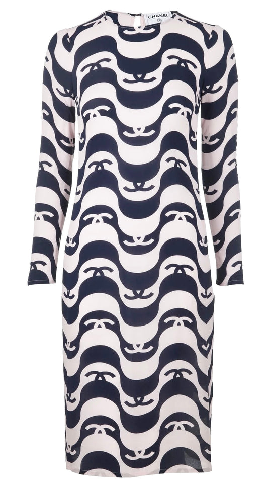 Iconic Chanel 21P Ivory & Black CC Wave Silk Midi Dress FR 42