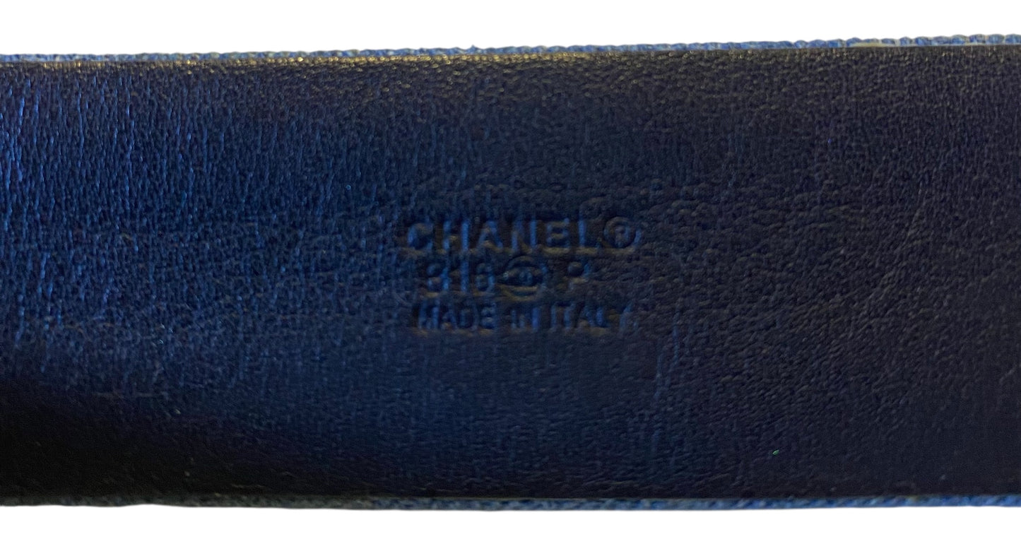 Chanel Airlines 16P Blue Denim CC Matte Silver & Gold Buckle Belt 90/36