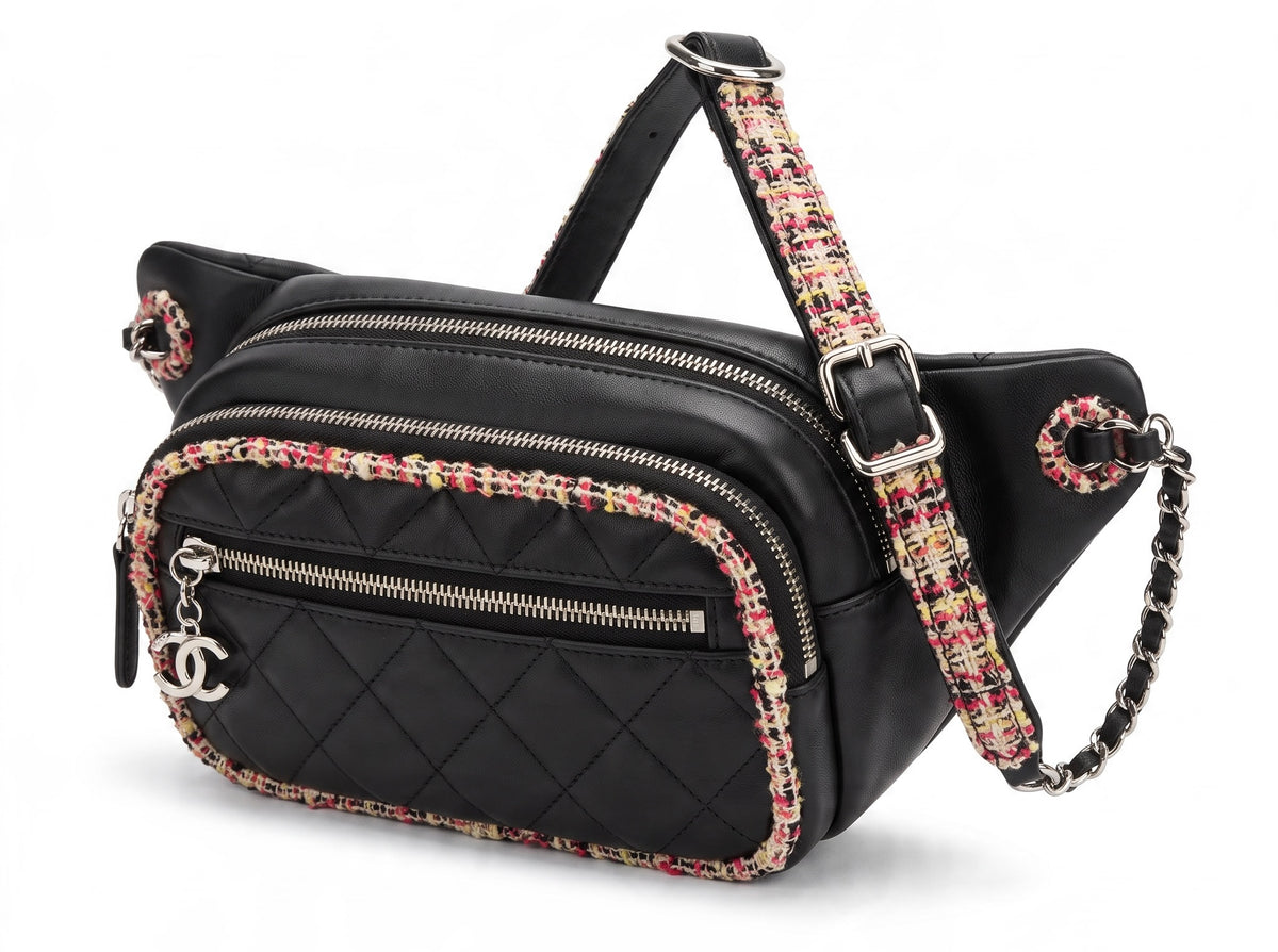 Chanel 19S Black Leather Multicolor Tweed Trim Quilted Waist Belt Bag