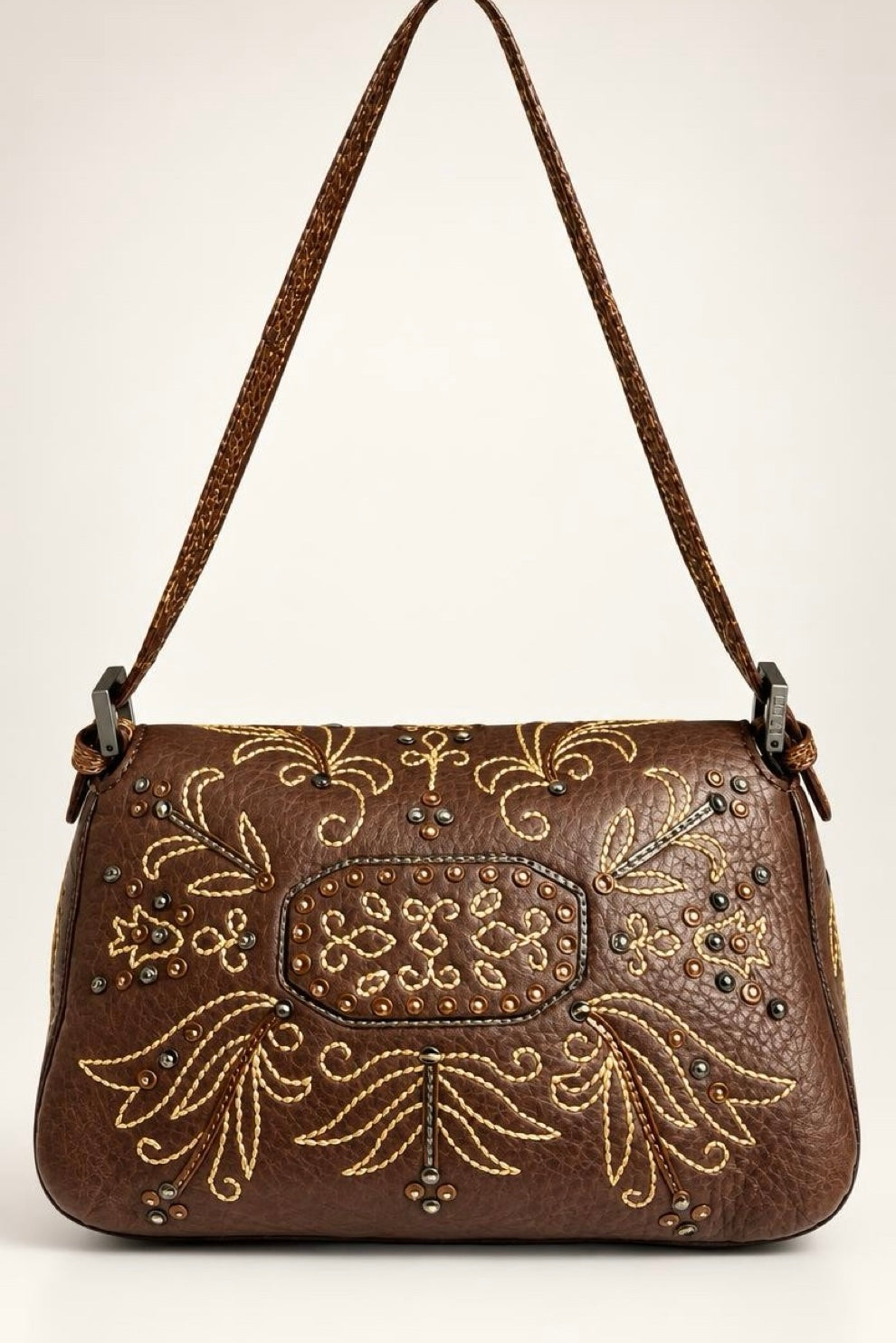 Fendi Limited Edition Dark Brown Leather Lizard Embroidered Mini Mamma Baguette Bag