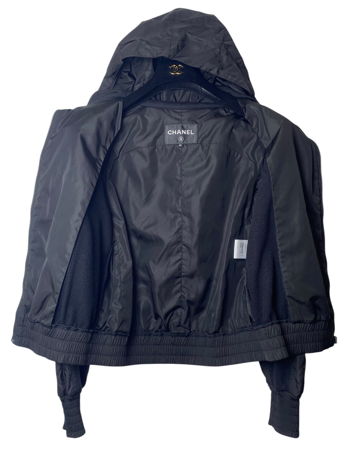 Chanel 2019 Black Hoodie Zip Up Bomber Quilted Sport Jacket FR 38