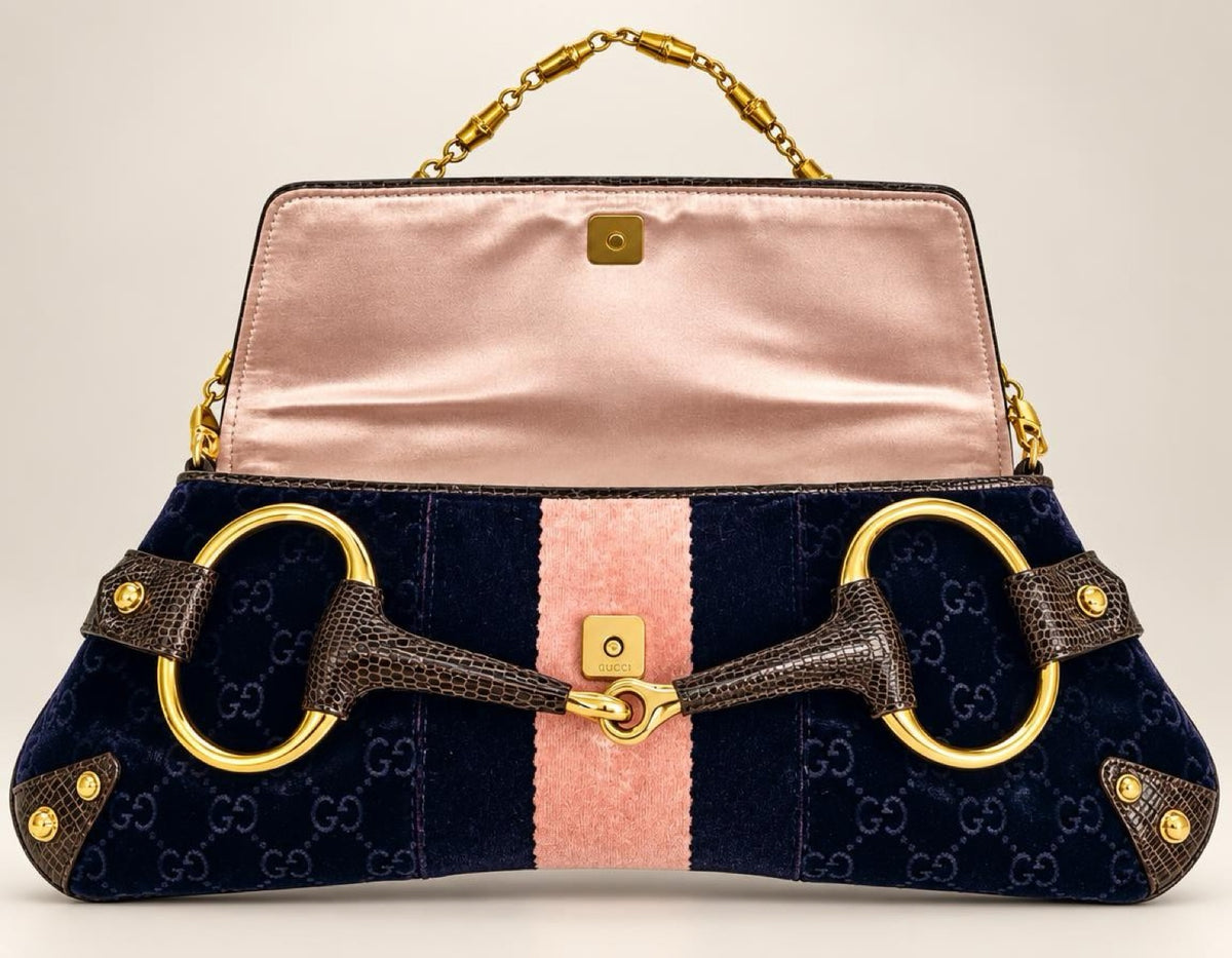 GUCCI Tom Ford XL Purple Velvet GG Exotic Lizard Trim Horsebit Clutch Bag