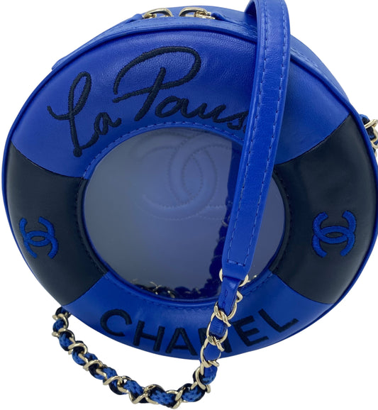 CHANEL 19C LA PAUSA COCO LIFESAVER MINAUDIÈRE BAG BLUE & BLACK WITH CHAMPAGNE GOLD HARDWARE