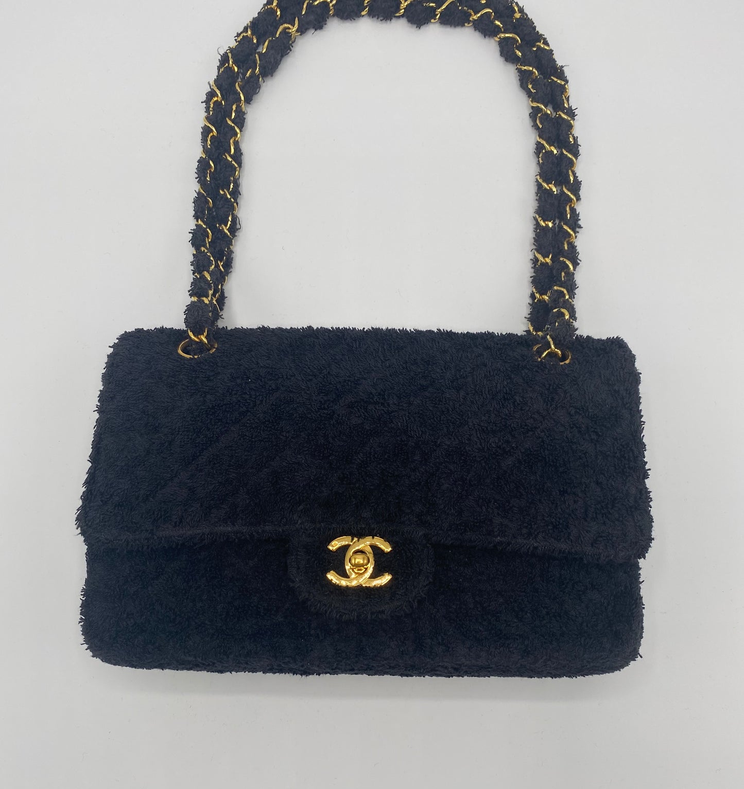 Rare Chanel 1994 Medium Black Terry Cloth Flap Bag