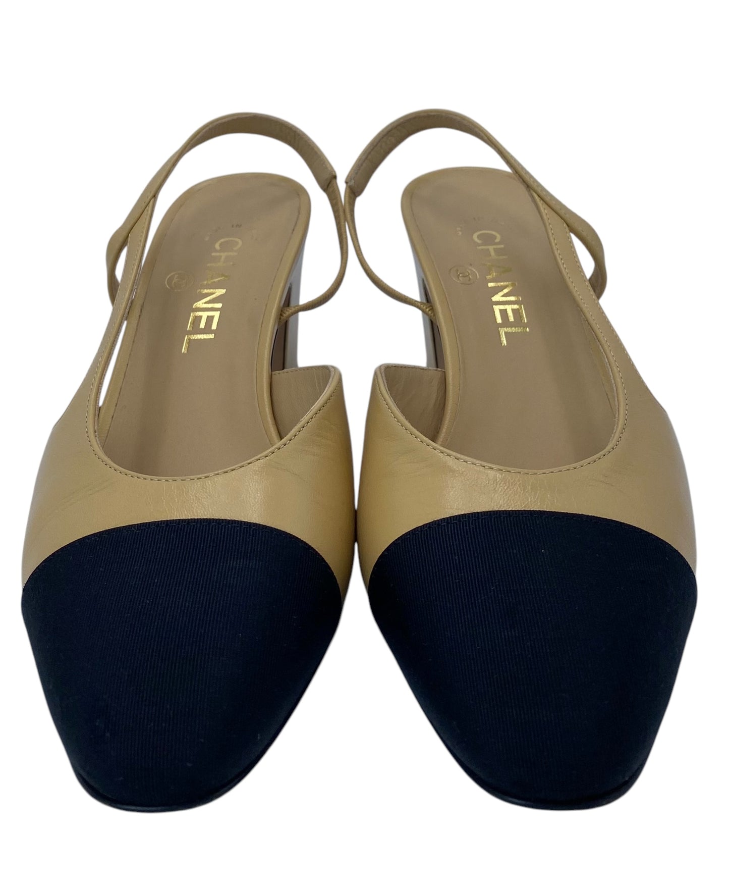 Chanel 23C Tan Leather Black Grosgrain Classic Slingback Pump Heels EU 38.5C